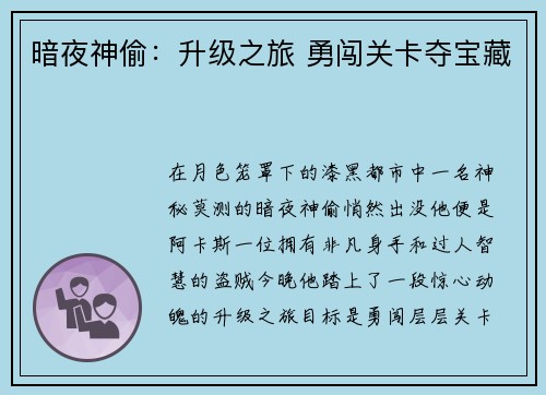 暗夜神偷：升级之旅 勇闯关卡夺宝藏